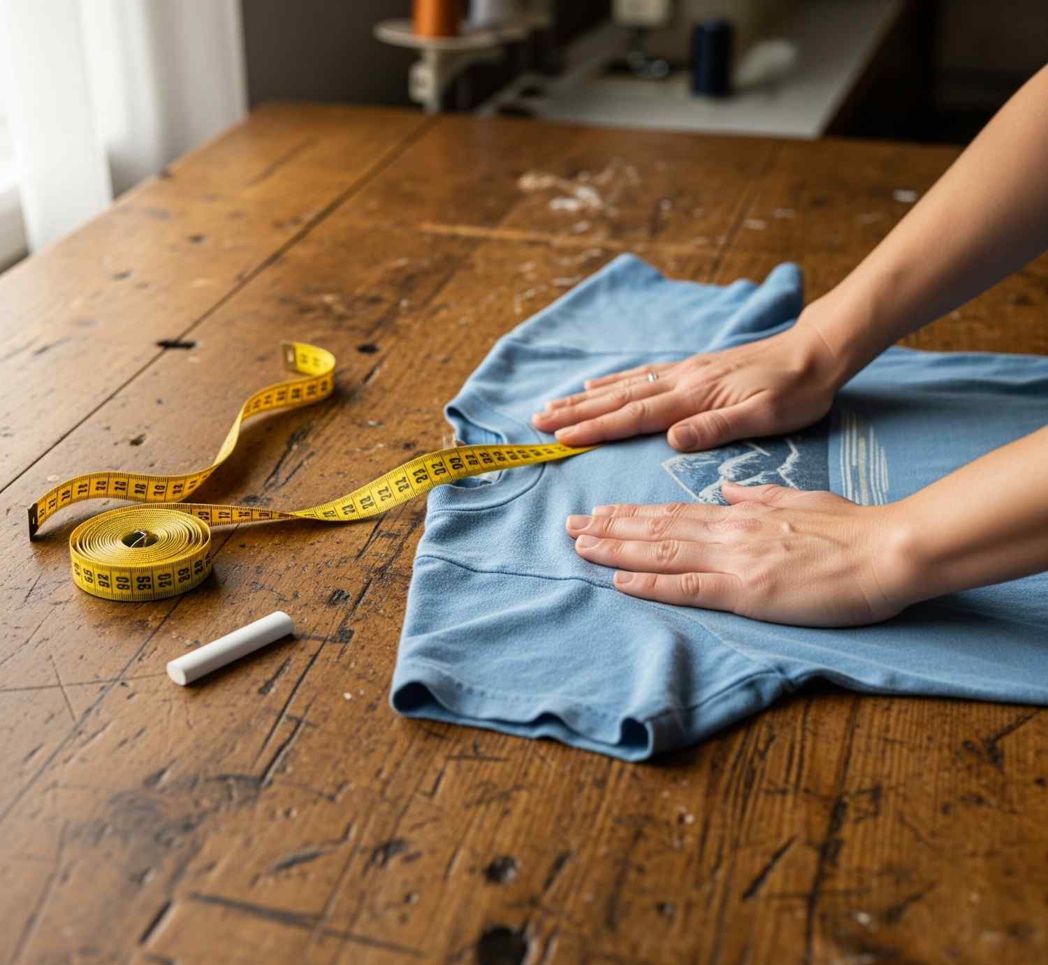 Close-up of hands carefully measuring fabric with a ruler